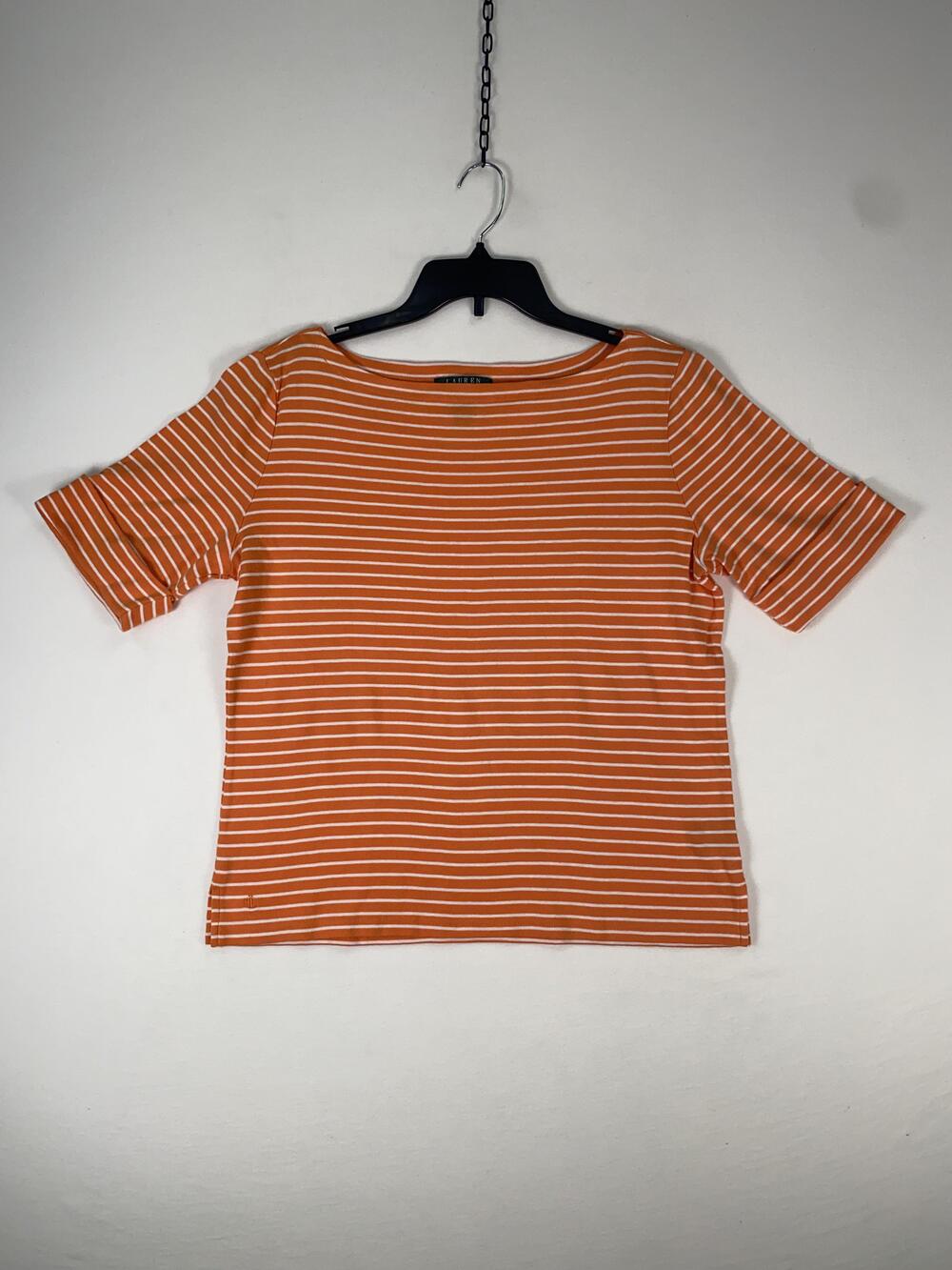 Lauren Ralph Lauren T-shirt Womens XL Orange Stripe Short Sleeve Boat Neck Top